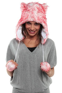 Funky Pink Rabbit Faux Fur Animal Hat Hood Winter Ski Snow Bunny Pet Plush Poms