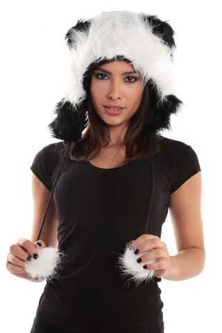 Panda B&W Faux Fur Animal Hat Hood Winter Ski Snow Warmer Pet Plush Poms Bear