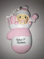 Baby's First Christmas Pink Girl in Mitten Glove Xmas Tree Ornament Noel X-mass